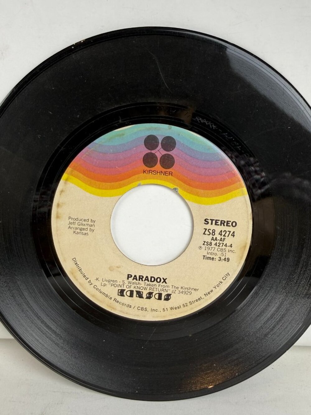 Kansas Dust In The Wind / Paradox 7" Vinyl 45 RPM Single Kirshner 1977 ZS8 4274